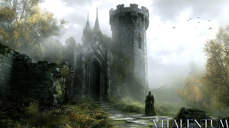 Foggy Medieval Castle with Lone Figure AI Image