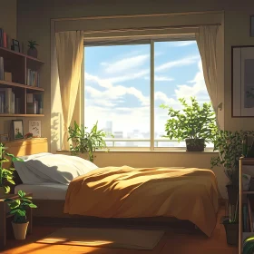 Sunlit Bedroom Interior with City View