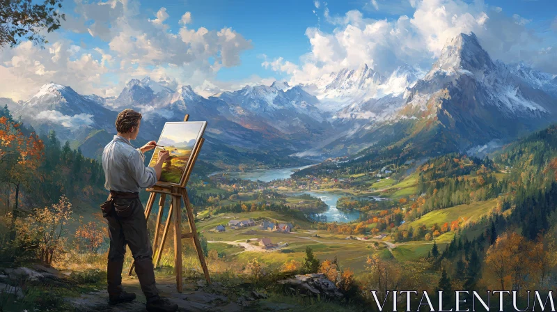 Artist Painting Mountain Scene AI Image