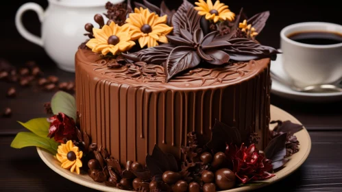 Meticulously Decorated Chocolate Cake with Flowers