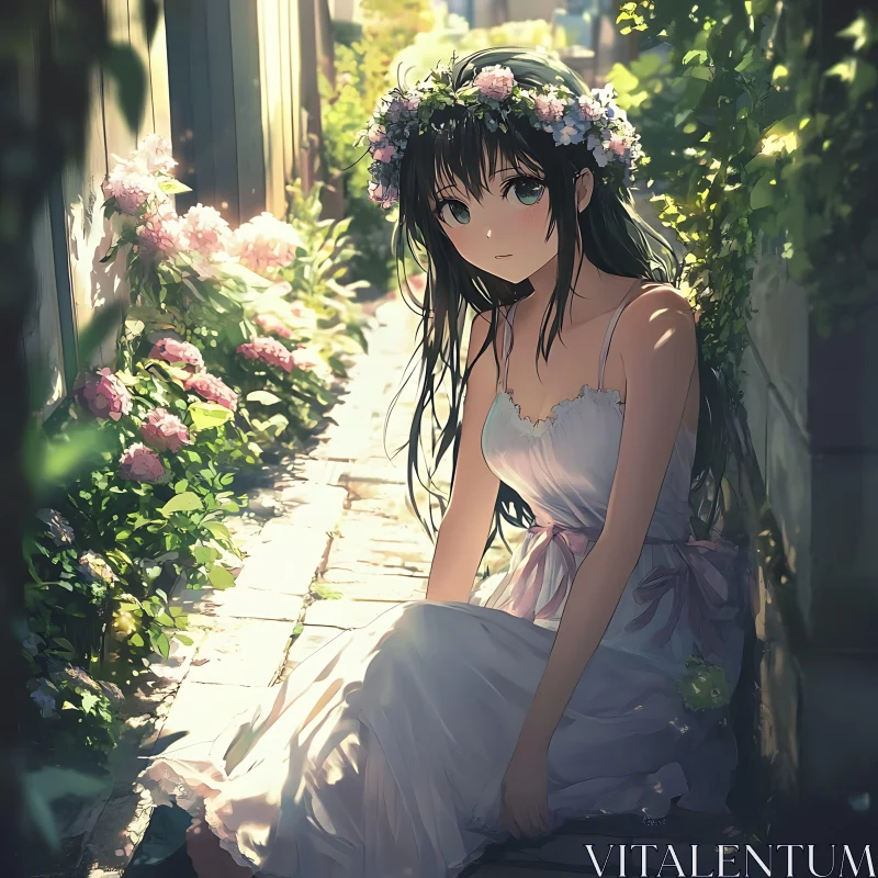 Anime Girl with Flower Crown in Sunlit Garden AI Image