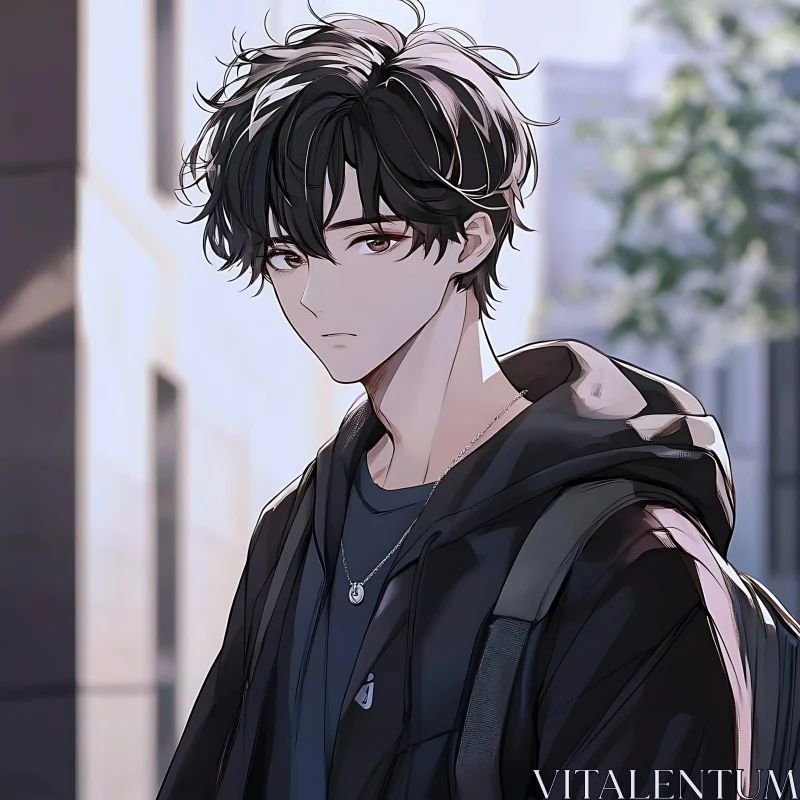 Anime Character with Tousled Hair and Urban Background AI Image