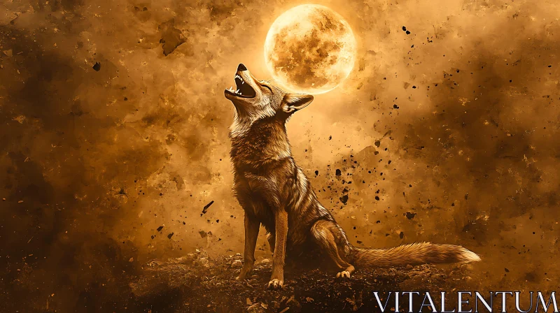 AI ART Sepia Wolf Under Full Moon