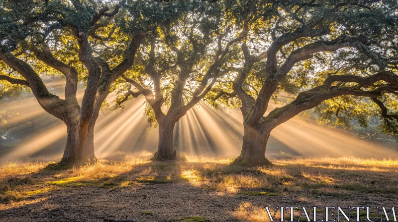 Radiant Sunbeams in Serene Forest AI Image