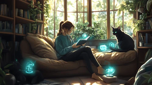 Indoor Scene with Reader and Black Cat