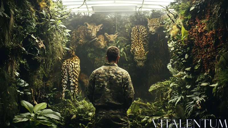 Camouflage Man and Jungle Cats AI Image