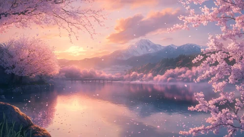 Cherry Blossom Lake at Sunset with Mountain Views