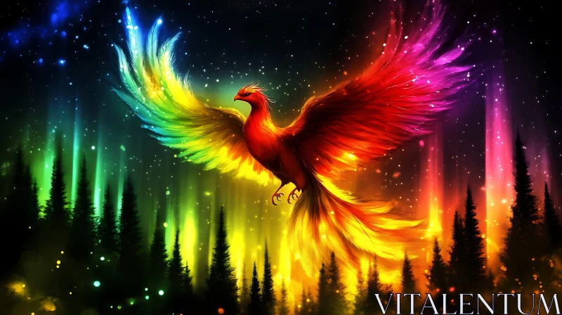 Mystical Phoenix Soaring Through Aurora Skies AI Image