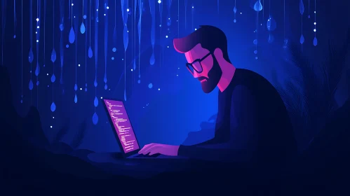 Programmer with Laptop in Neon Light