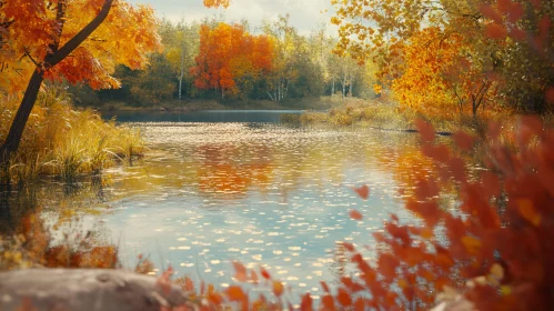 Tranquil Lake Surrounded by Vibrant Autumn Trees