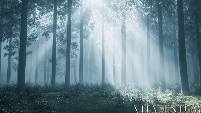 Peaceful Woodland with Sun Rays AI Image