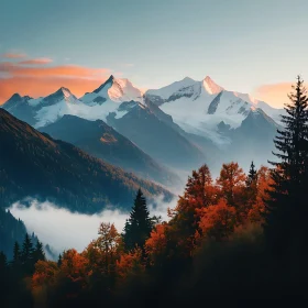 Snowy Mountains and Autumnal Forest Landscape