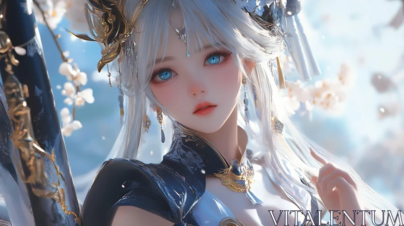 Enchanting Anime Portrait with White Hair AI Image