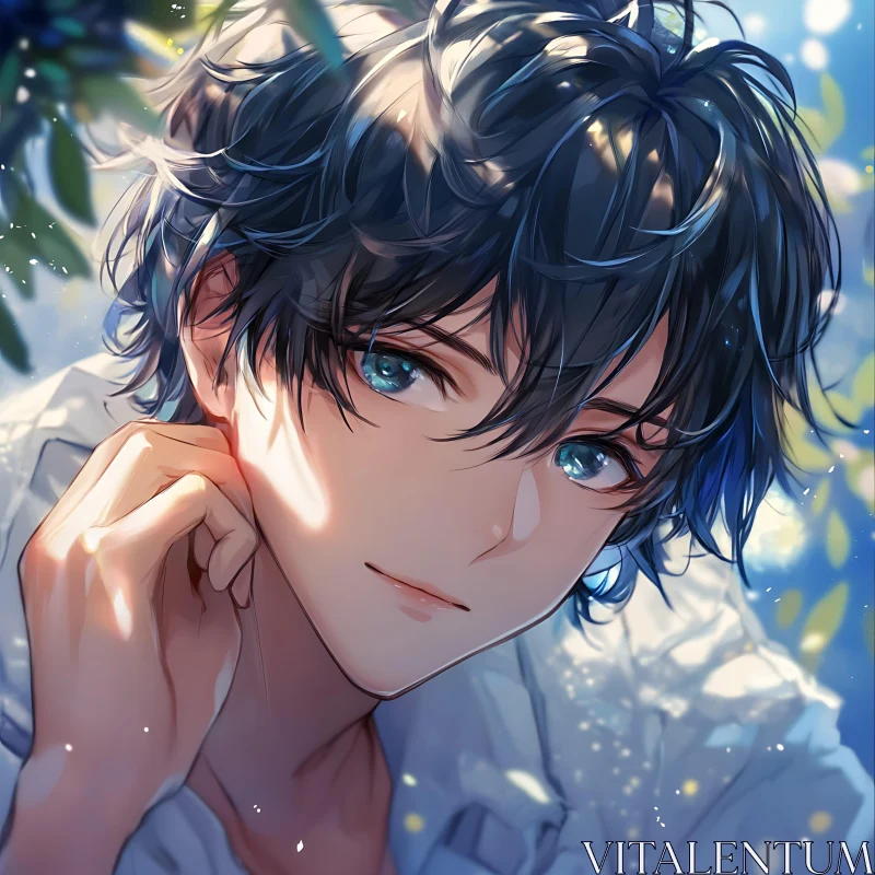 Gentle Expression Anime Character with Dark Hair AI Image