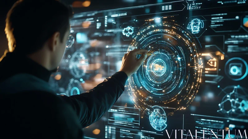 Man Interacting with Futuristic Data Interface AI Image