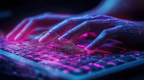 Hands Coding on Keyboard with Neon Lights