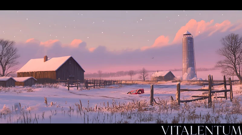 AI ART Snowy Farm Landscape with Classic Vehicle