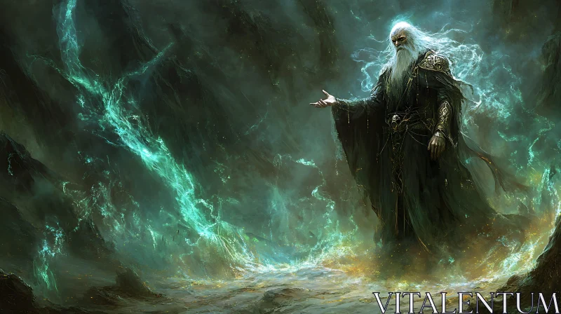 Old Wizard with Turquoise Energy AI Image