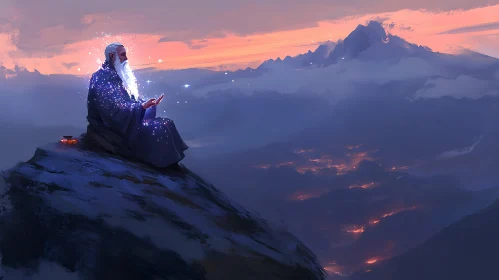 Mystical Wizard Meditating Under Starry Sky