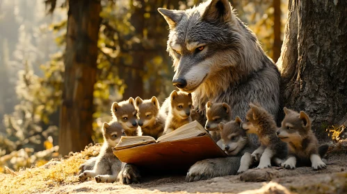 Wolf and Cubs Reading Together