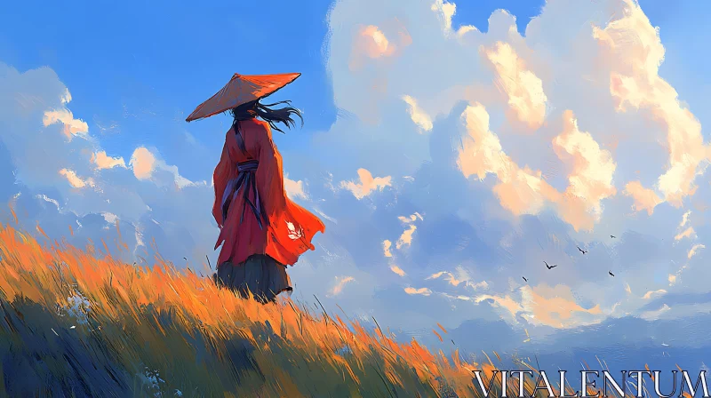 Samurai in Red Kimono Under Sunlit Clouds AI Image