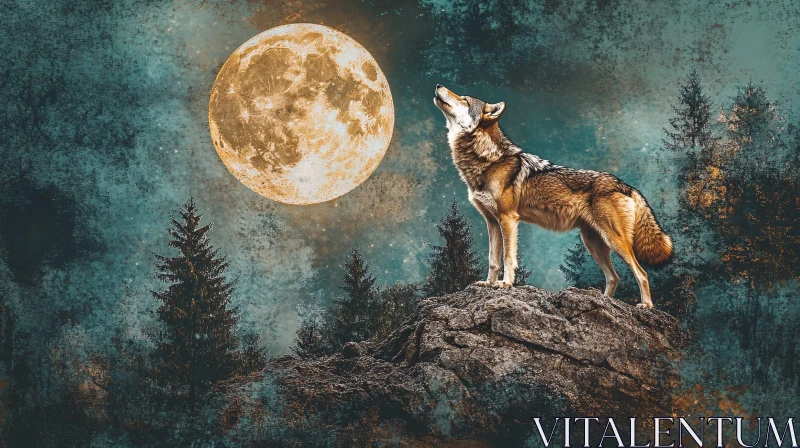 AI ART Wolf and Full Moon in Night Forest