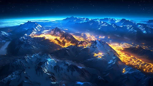 Snowy Peaks and City Lights Landscape