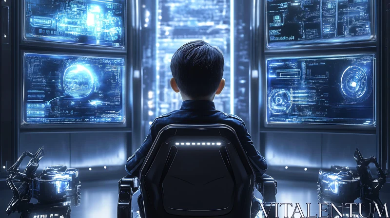 Child Data Analyst in Cyber Room AI Image