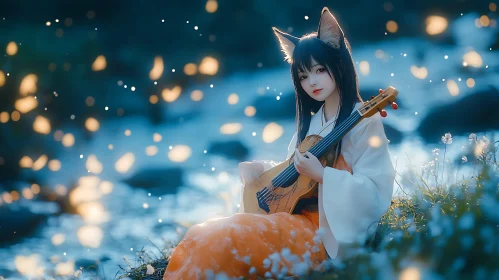 Anime Character Playing Guitar by a Magical Stream