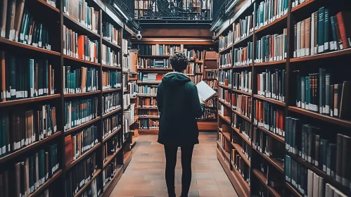 Person Reading in a Classic Library