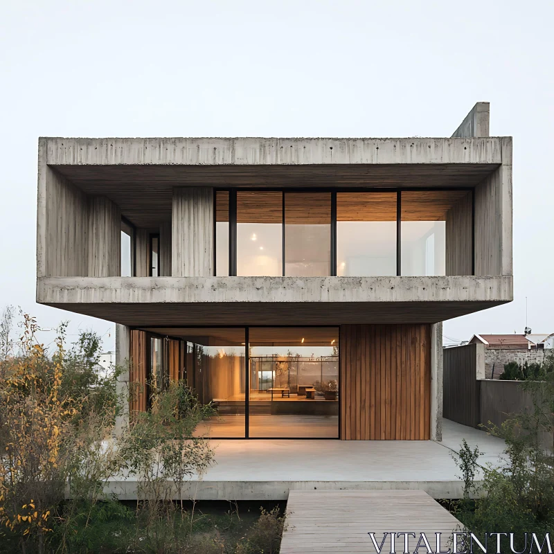 Contemporary Concrete House With Large Glass Windows AI Image