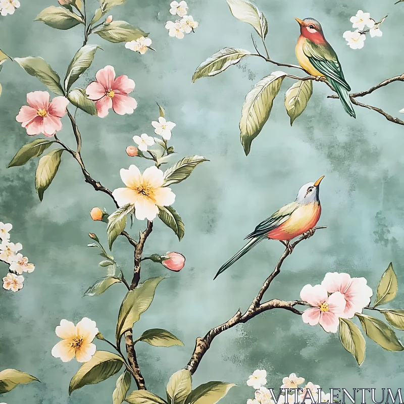 AI ART Floral Bird Art on Teal Background