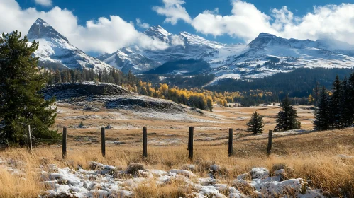 Snowy Peaks and Autumn Field