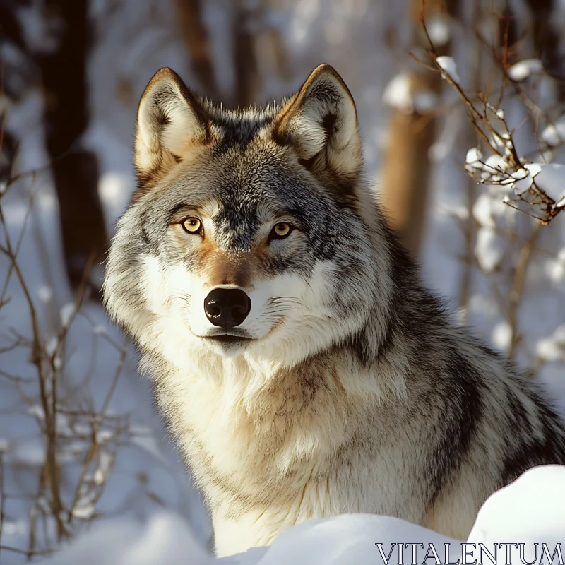 Winter Wolf Close-Up in Snowy Woods AI Image