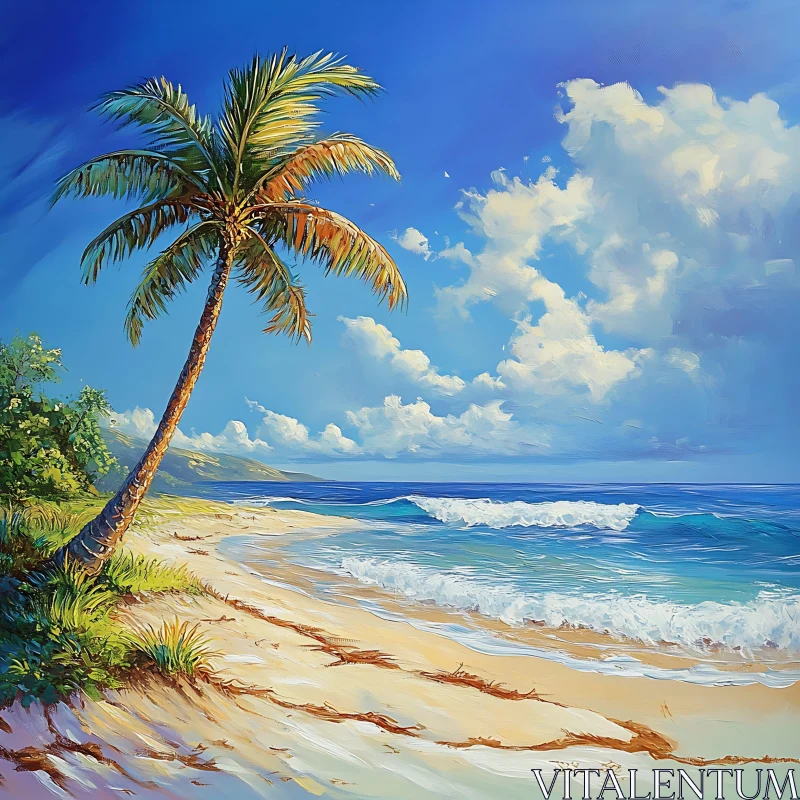 Tropical Beach with Palm Tree and Waves AI Image