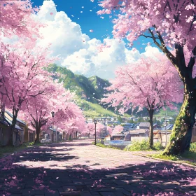 Charming Village with Blooming Cherry Trees