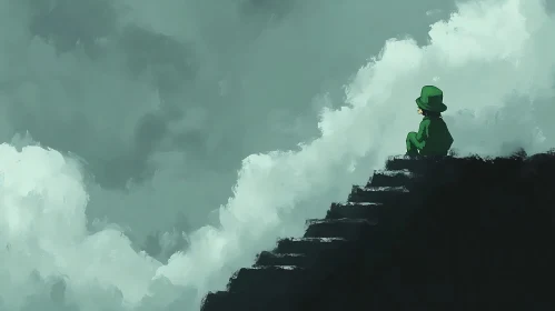 Green Figure Contemplates Cloudy Ascent