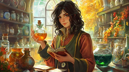 Woman Alchemist with Potion and Book