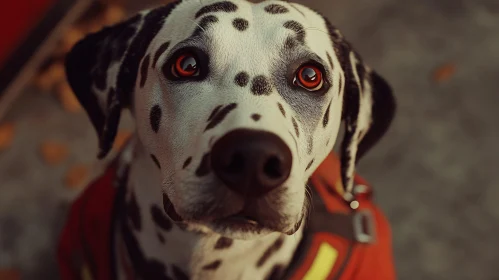 Expressive Dalmatian Dog Portrait with Autumn Leaves