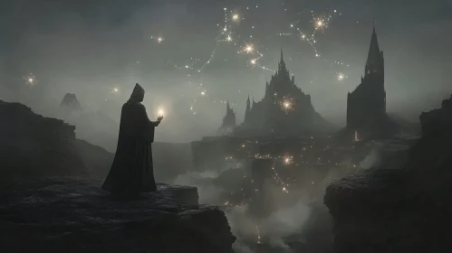 Enigmatic Figure with Castle in Mist