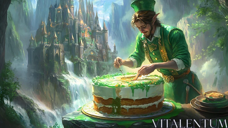 AI ART Elven Baker Decorating Cake near Waterfall Castle