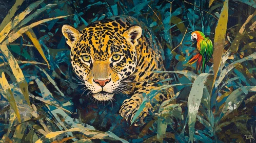 Wildlife Scene: Jaguar and Parrot