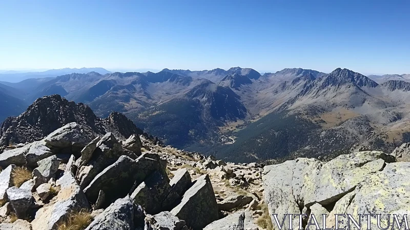 Panoramic Mountain Vista Under Blue Sky AI Image