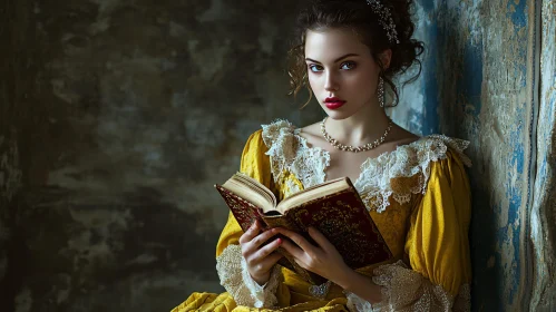 Vintage Elegance: Woman Reading in Yellow Gown