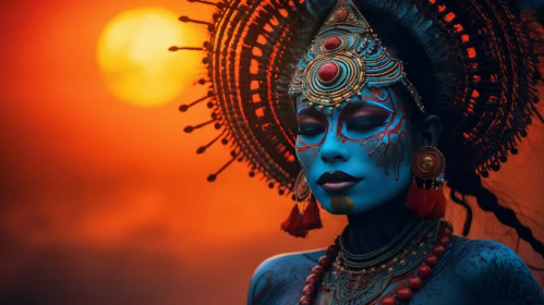 Indian Woman in Traditional Attire with Blue Face Paint at Sunset