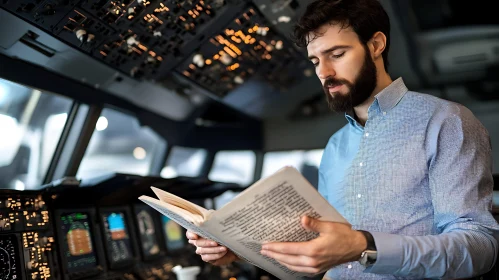 Man in Cockpit Reads Manual