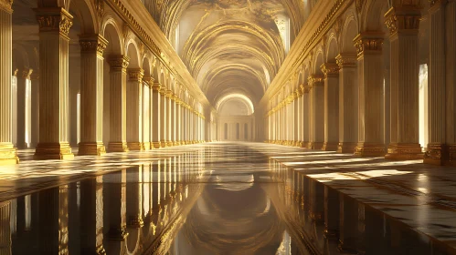 Reflective Golden Column Hallway