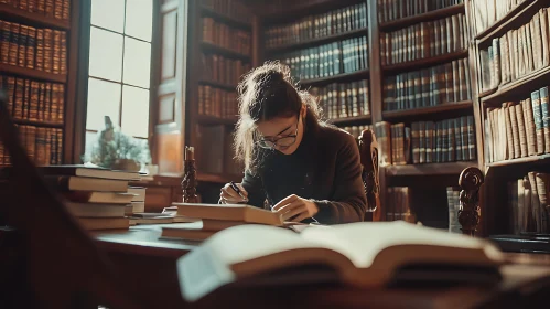 Woman Studying Amidst Books in Old Library