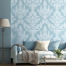 Floral Wallpaper and Blue Sofa