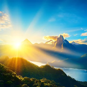 Sunlit Mountains and Lake Landscape